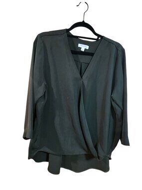 Prologue Faux Wrap Blouse 3/4 Sleeve Draped V-Neck Hi Low Womens Size L